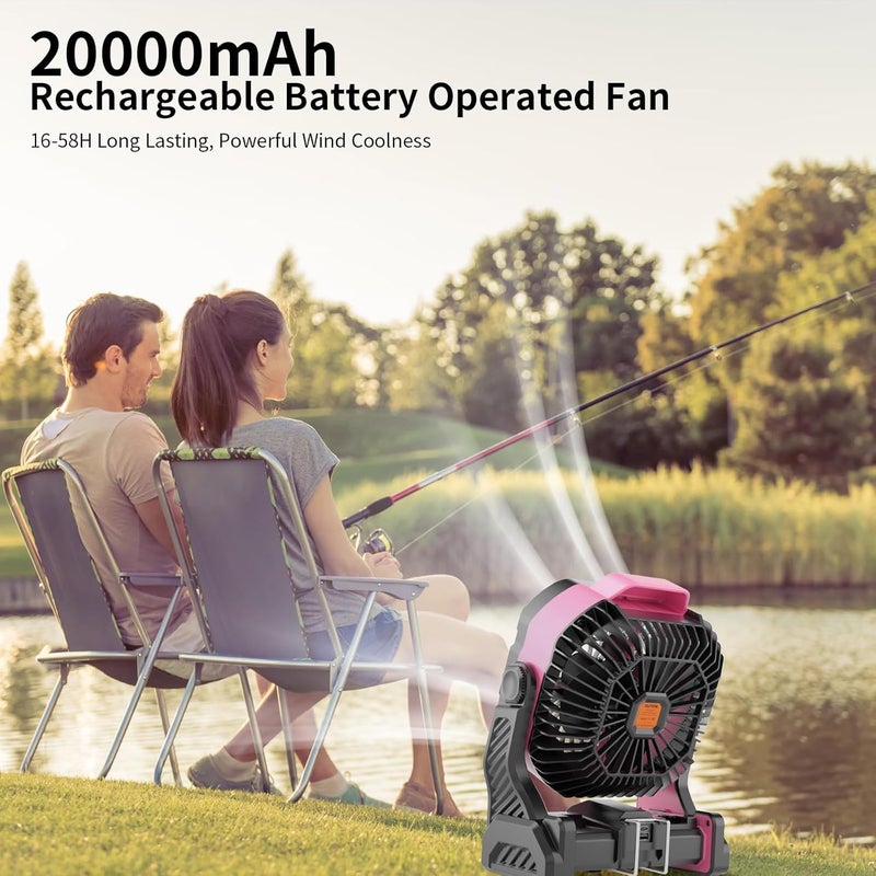 WESTTREE 20000mAh Battery powered fan Camping essentials,Portable fan Battery Operated Rechargeable Tent Fan with Light & Hook X26A Pink - Image 2